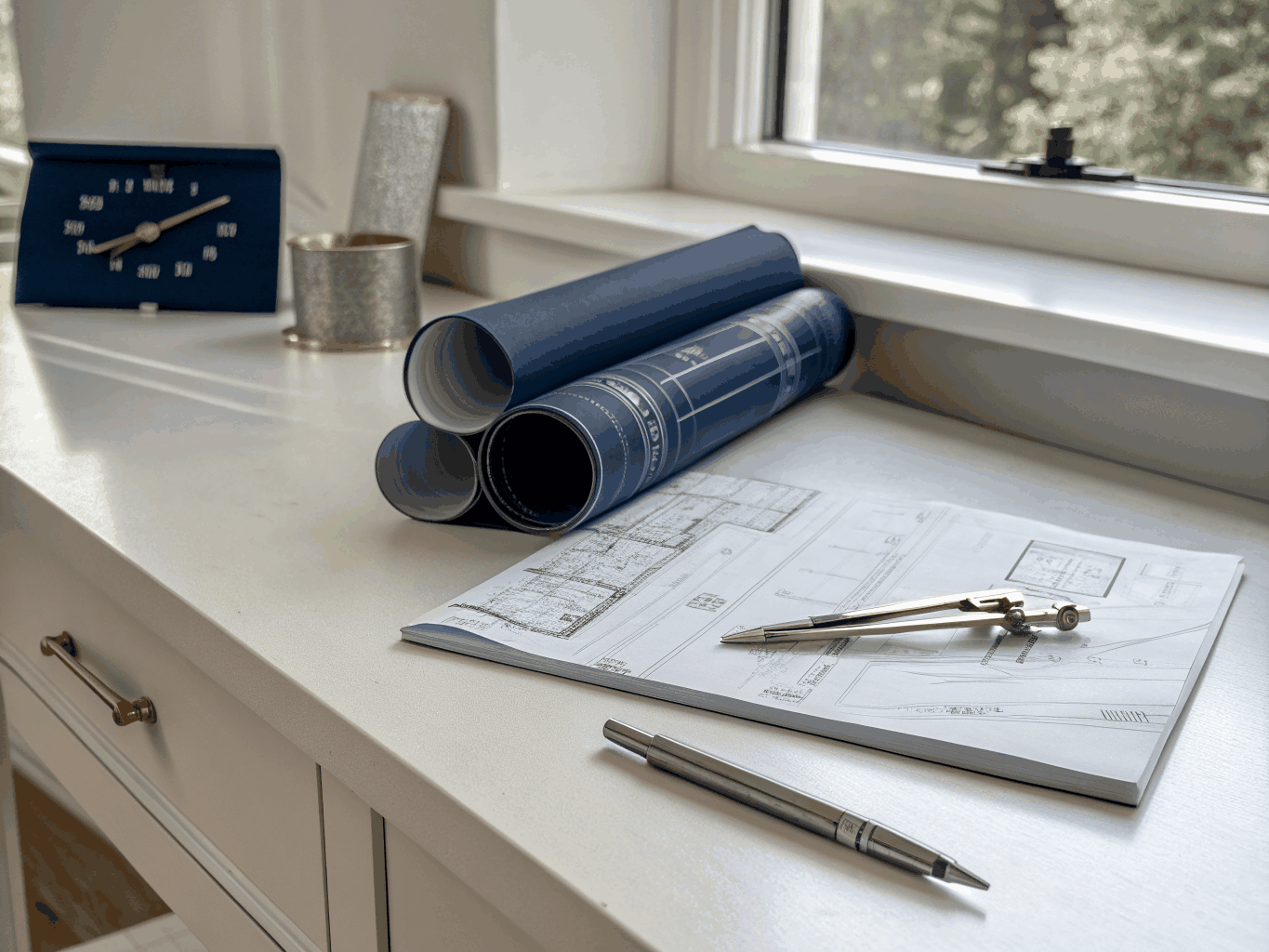 Top-down view of an organized desk with architectural blueprints and professional equipment